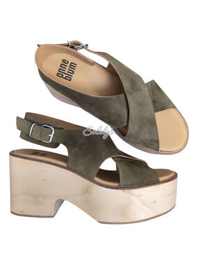 Anne Blum Sofia US 11 EU 42 Wooden Platform Suede Cross Strap Sandal Olive Green
